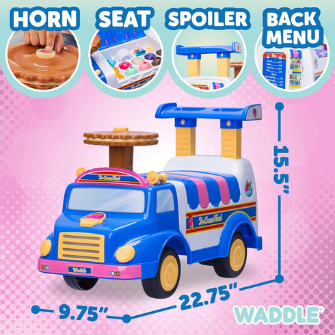 WADDLE Ice Cream Toy Truck for Kids - Ride On Playset with Scoops, Toppings, and Popsicles for Toddlers 1-3