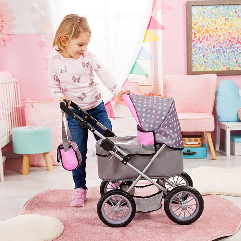 18 inch Bayer Trendy Doll Pram Stroller for Girls, Adjustable Handle, Carriage with Bag, Fits Dolls