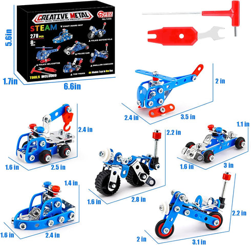 Stem Building Toys for Boys Age 8-12 - Police Toys 6 Mini Metal Model Set, Educational Gifts for Kids 8-12 Years Old