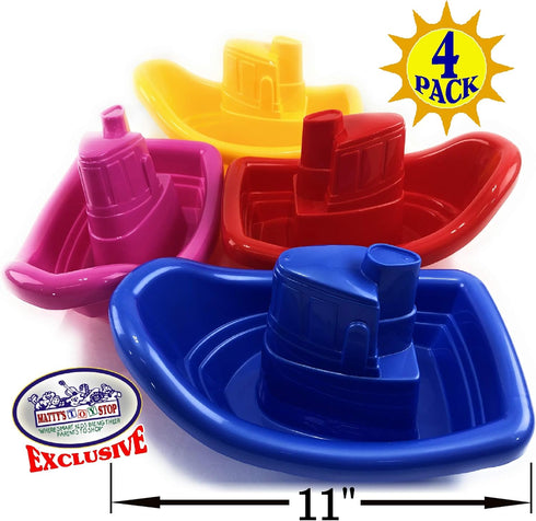 (11") Set 4 Pack Matty's Toy Stop Plastic Nesting/Stacking Tug Boats Red, Blue, Pink & Yellow Gift Bundle, Perfect