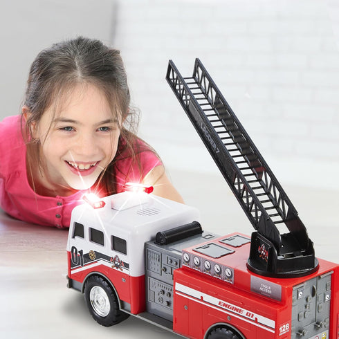 3+ Mighty Fleet Mighty Motorized Fire Ladder Truck Firetruck Toy w/Lights & Sounds, Motorized Ladder, Extending Ladder