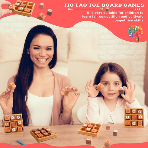 3 Sets Wooden Tic Tac Toe Games - Classic 3D Blocks Toys for Kids & Adults, Tabletop Strategy Games