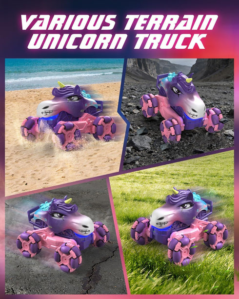 1:18 360 2.4 4WD 120 3+ Remote Control Car Pink Unicorn Monster Truck Spin-Dance Light Music with Spray, GHz Min