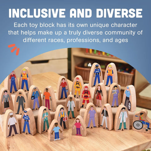 Constructive Playthings 25-Piece Wooden Community Helpers Figurine Set, Inclusive Diverse Wood Toy for Kids 3+