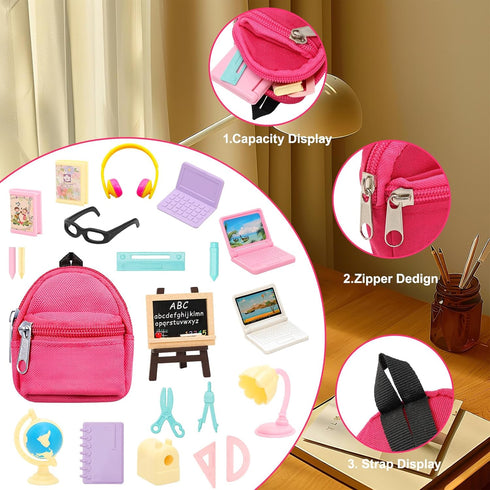 ENOCHT 27 Pcs Doll School Accessories, 4 Doll Backpacks with Zipper, Computers, Glasses, Study Accessories