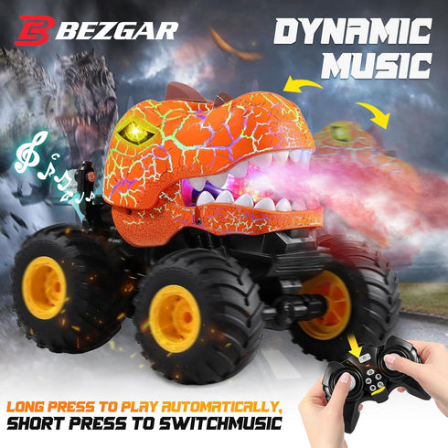 1:20 360 4-7 BEZGAR Monster Truck Toys - Remote Control Monster Truck with Spray, Light, Music, Dinosaur Toys for Kids