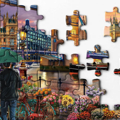 BBOLDIN Sunset 1000 London Landscape Puzzle Pieces for Adult, Europe City Travel Jigsaw Puzzle, Flower Boat Scenic