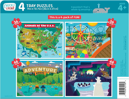 Chuckle & Roar - 4 Pack Tray Puzzles - USA Animal Map, Polar Animals, Adventure Awaits, Fair - 36 & 48 PC Tray Puzzles