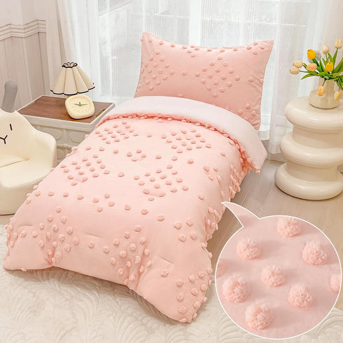 Set 4-Piece Set Toddler Bedding for Girls Pink Jacquard Pom Pom Tufts Bohemian Boho Tufted Dots Crib Toddler Comforter