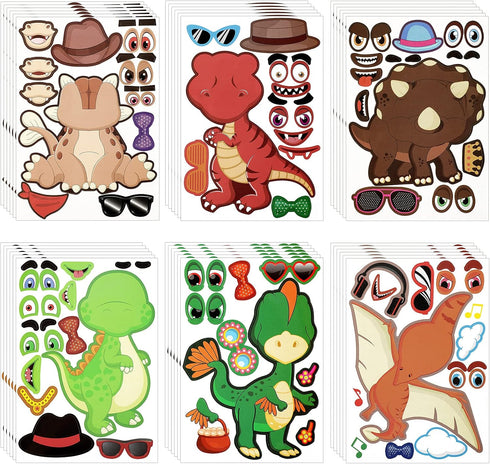 36 Sheets Make a Dinosaur Stickers for Kids, Cute DIY Project Theme Birthday Party Favor Supplies