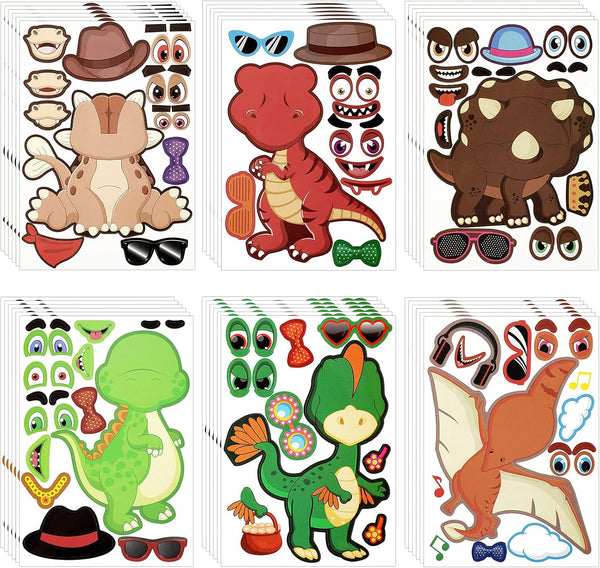 36 Sheets Make a Dinosaur Stickers for Kids, Cute DIY Project Theme Birthday Party Favor Supplies