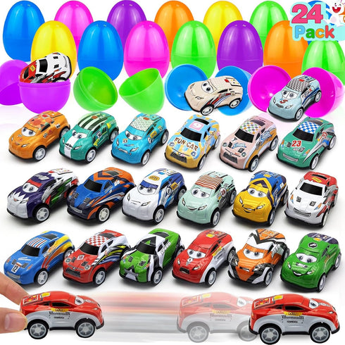 24 Pack Prefilled Easter Eggs with Pull Back Cars, Easter Basket Stuffers