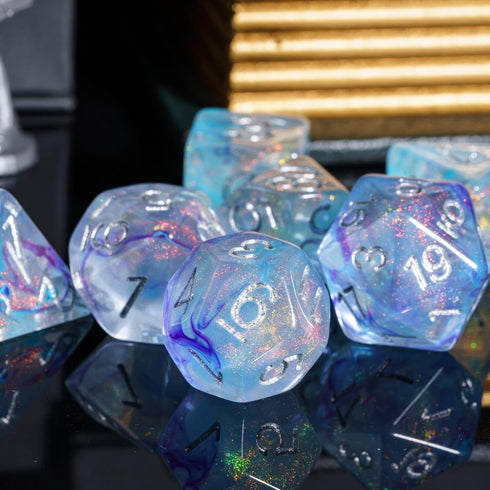 UDIXI 7PCS Polyhedral Dice Set for Dungeons and Dragons, D&D with Glitter and Cyan Swirls (Purple Cyan)