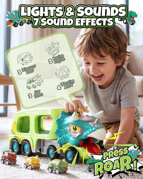 Cozycharm 9 1 8 3 4 5+ in Dinosaur Toys for Boys, Dinosaur Transport Truck with Pull Back Dino Cars, Toys for Year Old