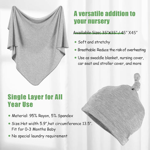 iEvolve Cotton Knitted Baby Swaddle Blanket with Hat Headband Set, Newborn Swaddle Wrap 45" x 45" (Oliver Green)