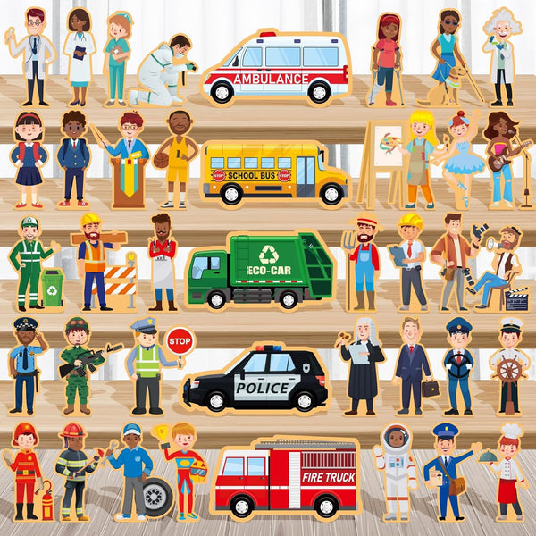 Blosssound 40 Pcs Wooden Community Helpers Toys Wooden Cars Set Wood People Figures