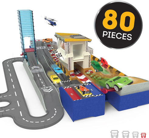 Driven by Battat Auto Shop & Race Track Playset - 80-Piece Collapsible Set with Tracks and Toy Cars