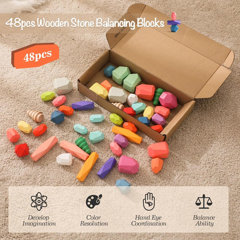 OESSUF Stacking Rocks, 48Pcs Wooden Balancing Stacking Blocks for Toddler Sorting Educational Montessori Game