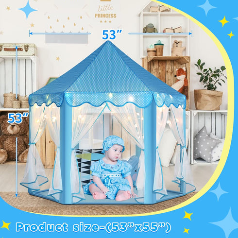 Monobeach Princess Tent for Girls - Large Playhouse Kids Castle Play Tent with Star Lights, Indoor Outdoor Games (Blue)
