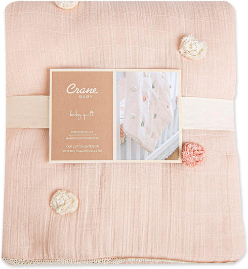 36" 36", 100% Crane Baby Soft Cotton Muslin Nursery Blanket with Pom Pom Trim, X Stroller Blanket for Girls, Pink