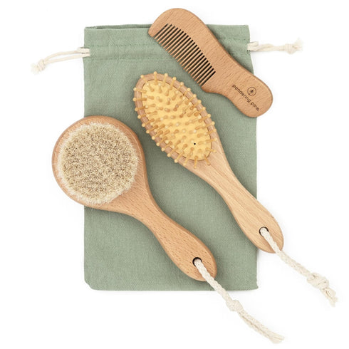 Natural Baby Hair Brush Set with Boho Bag - Goat Hair Cradle