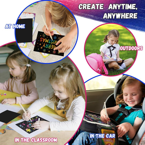 100 4-8 8-12 Scratch Art for Kids, Funtopia Sheets Rainbow Scratch Paper, Black Scratch Off Paper Craft Kits, School