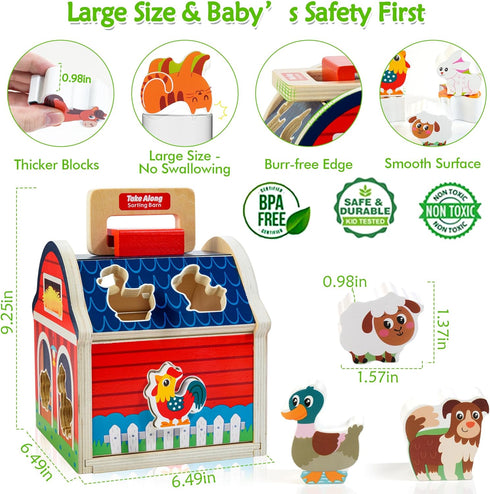 Farm Animals Wooden Take-Along Sorting Barn Toy for 1-3 Year Olds, Shape Sorter Montessori Learning Gift for Toddlers