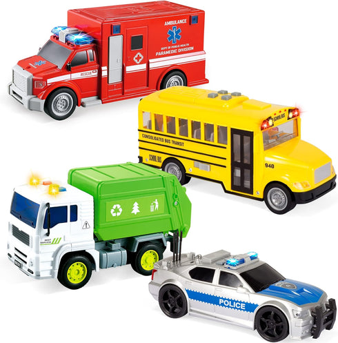JOYIN 4 Pcs 7" Long Vehicle Toy Set, Toddlers Cars with Lights and Siren Sound, Birthday Party Gifts