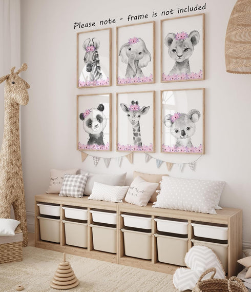 Set 6 (8x10) Safari Animals Baby Girls Nursery of Unframed Wall Art Prints, Gray Baby Animals with Pink Flowers, Child