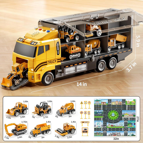 NIPLOOOW Set 3-5, 3-8 Toddler Boys Construction Truck Vehicle Toy with Play Mat and Die-Cast Toy Car, Transport Carrier