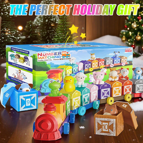 1 2 3 Set Counting 10 Toddler Learning Toys for Year Old, Farm Animal Train with Sorting Matching, Farm Animals, Finger