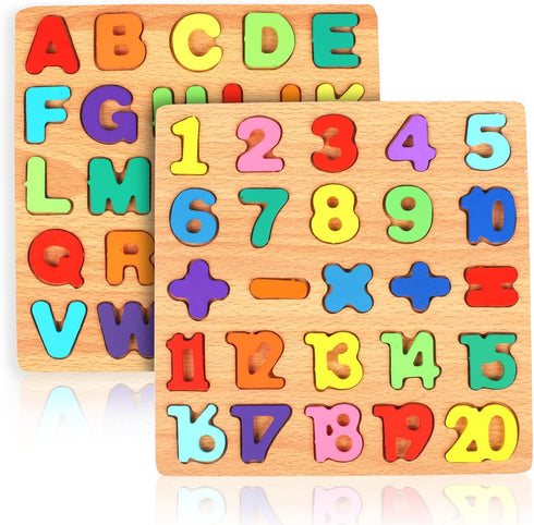 Rindion 2 Pack Wooden Puzzles, Toddlers Alphabet Number Puzzles, ABC Learning Toys for