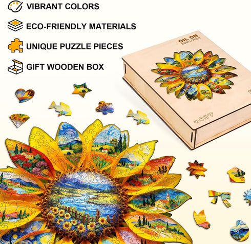 245 13.4 13.1in Wooden Sunflower Puzzles Adults, Flower Shaped Wood Puzzle Pieces, Oil Painting Puzzles, Christmas