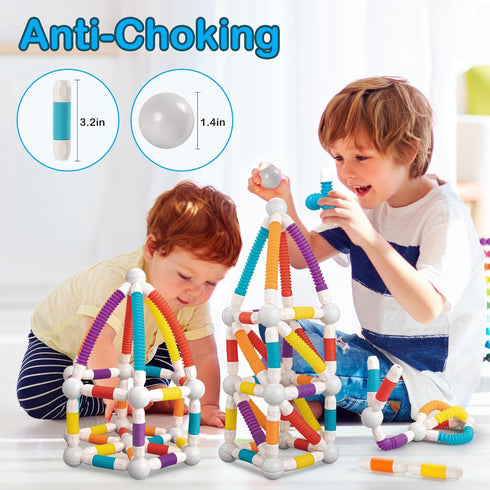 ROUSKY Set, 66 (66PCS) Magnetic Building Blocks Construction Pieces, Educational STEM Toy with Flexible Tubes