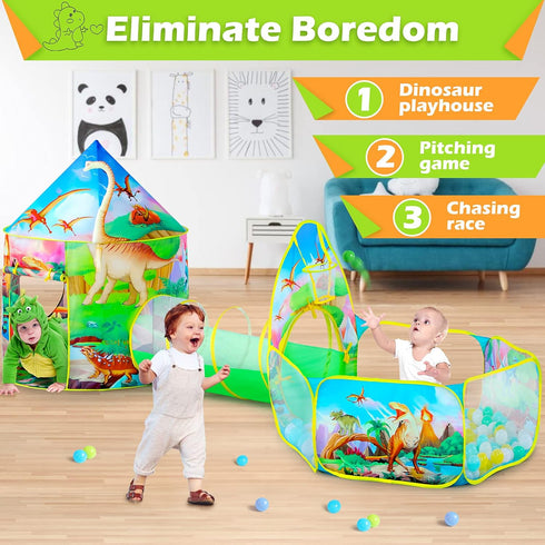3PC Dinosaur Tent for Girls, Kids Ball Pit, Play Tents and Crawl Tunnel, Pink Pop Up Playhouse Toys