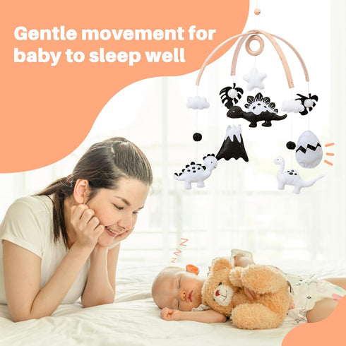 Dinosaur Crib Mobile High-Contrast Black & White Nursery Decor for Newborn Baby Room, Handmade for Boy & Girl, Natural