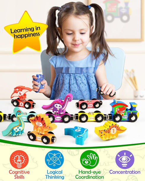 Vanmor Wooden Train Set with Dinosaur Toys - Snap-Connection Dinosaur Train, Learning Toys for 3-5 Year Old Kids