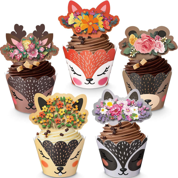 60 Woodland Cupcake Wrappers & Toppers, Deer Cupcake Liners for Wild One Birthday Party Decorations