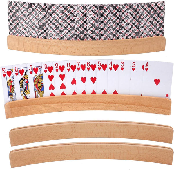 Tebery 4 Pack Wooden Playing Card Holder - Organizer Tray Racks with Natural Finish