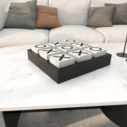Deco 79 Black Wood Tic Tac Toe Game Set with White Block Pieces, 14" x 14" x 4"
