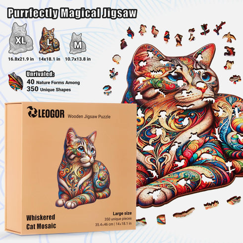 LEOGOR Wooden Puzzles for Adults - Whiskered Cat Mosaic, 350 Piece Large Size (14 x 18.1 in) with Vibrant Flowers