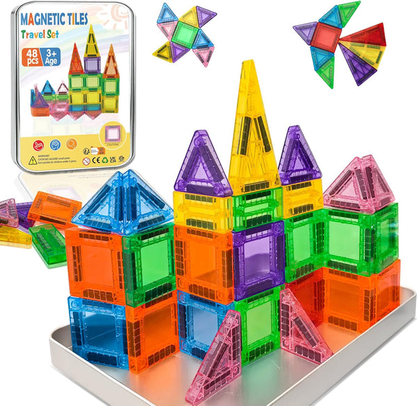 Kerhitoy 48PCS Mini Magnetic Tiles Travel Set 3+ Years | Kids Magnetic Building