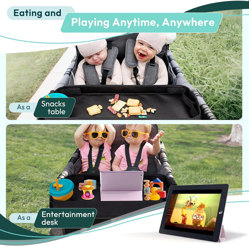 Double Sided Stroller Tray for Wonderfold Wagon - Kids Snacks & Activities, Faux Leather Sides, 4 Cup Holders