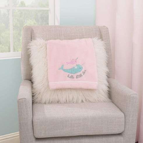 NoJo Under The Sea Whimsy Pink and Blue Narwhals, Super Soft Appliqued Baby Blanket