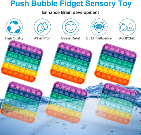 Genovega 6 Packs Fidget Toys for Boys Girls Kids, Classroom Sensory Push Bubble Aids, Rainbow Square Bulk Gifts