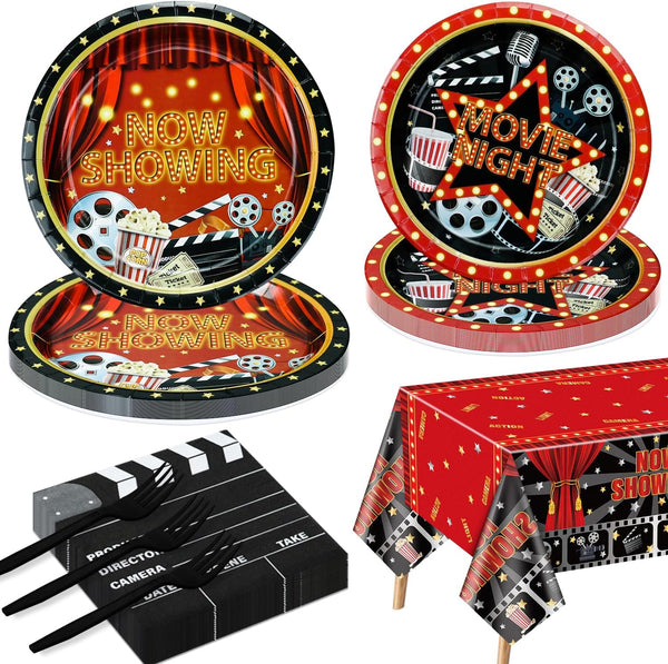Movie Night Party Supplies for 20 Guests, Disposable Tableware Set with Now Showing Plates and Napkins