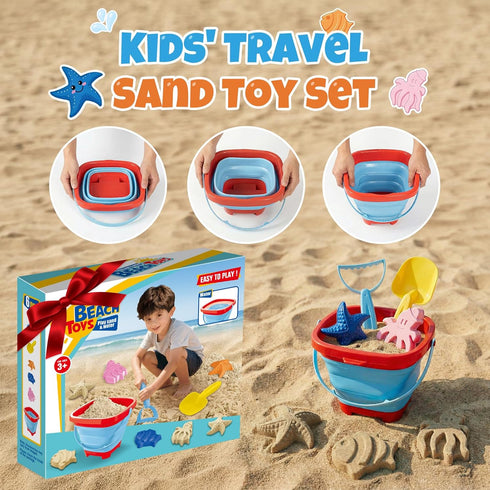 Cozycharm Set 3 Summer Beach Sand Toys for Toddlers, Portable Travel Beach Toys with Collapsible Bucket, Shovel, Rake