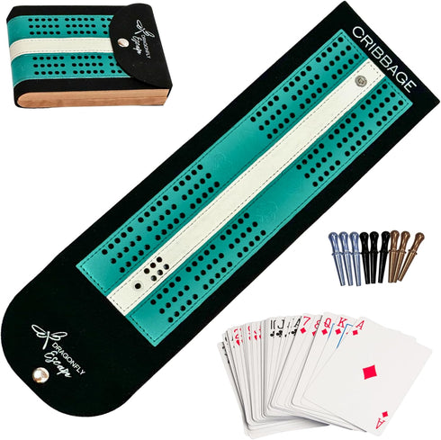 Unique Lightweight Folding Travel Cribbage Game | Portable Travel-Size Cribbage Board Set (Teal & White)