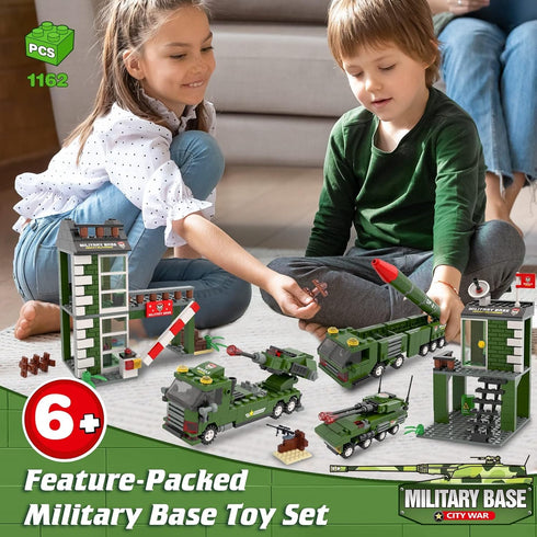 WishaLife City War Military Base Building Set with Army Car, Tank, Airplane, Helicopter - 1162 PCS Gift for Kids