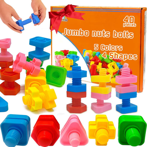 Jumbo Nuts and Bolts for Toddlers - 40 Pcs Screw Toys with Storage Tote and Book - Occupational Therapy Shape Sorter